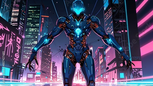 Stylish manga character design, exudes a futuristic aesthetic with a punk twist
