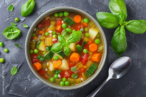 Overhead photo of homemade vegetable soup with zucchini celery carrot peas beans potato tomato spinach and pasta topped with basil photo