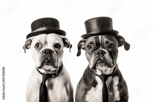 Pair of dogs in bowler hats and black ties isolated on white background in retro style photo