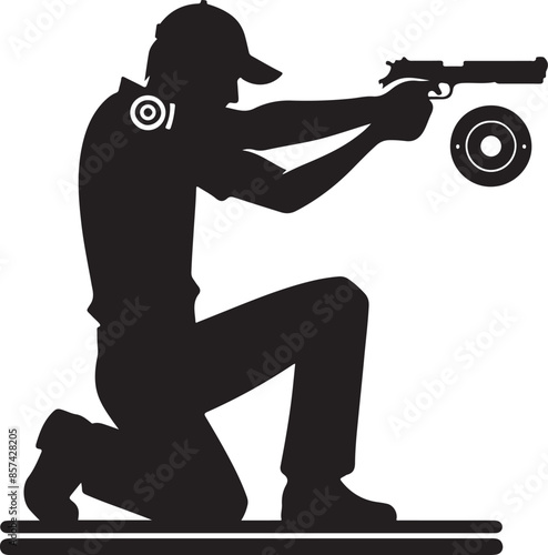Shooter. Shooting from a gun on plates mark, vector black color silhouette 