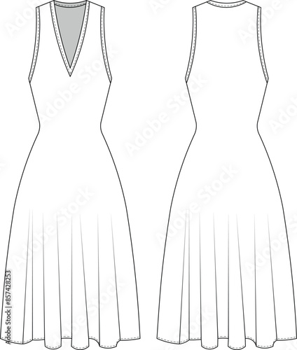 v neck sleeveless midi ankle length flared a line elastic dress template technical drawing flat sketch cad mockup fashion woman design style model
