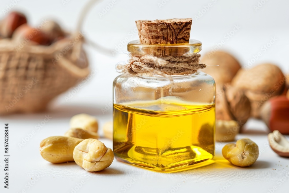 Peanuts on white background with close up and focus on oil Peanuts on white background with close up and focus on oil
