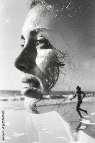 Black and white film look multiple exposure shot of a happy free woman at the beach