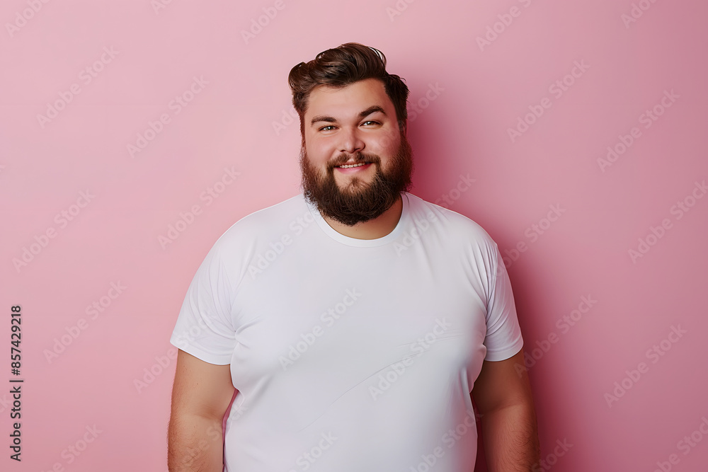 Obraz premium Portrait of happy bearded man wearing white T-shirt over pink background looking at camera with charming cute smile. Plus size male model.