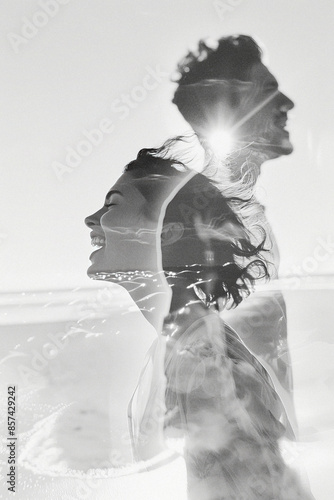 Black and white film look multiple exposure shot of happy couple at the beach