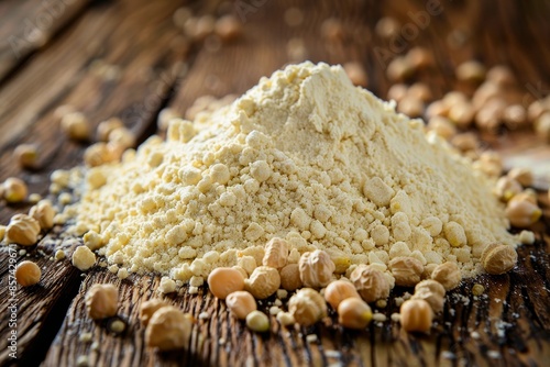 Pile of chickpea flour on aged table photo