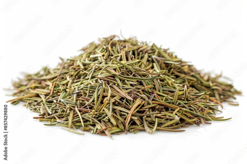 pile of dried rosemary on white surface pile of dried rosemary on white surface