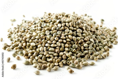 Pile of hemp seeds on white background