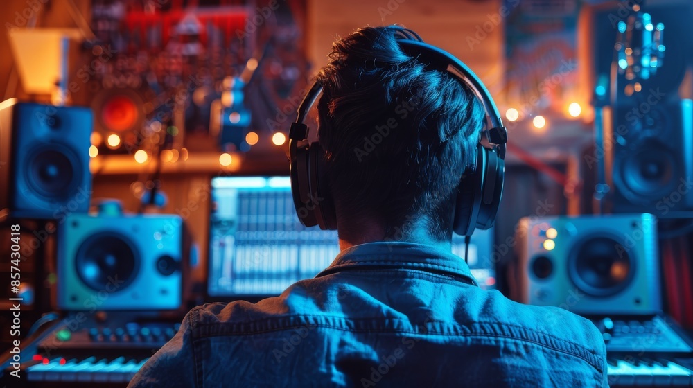 Music producer working in home studio, creative process with audio equipment and software, artistic concept Music producer working in home studio, creative process with audio equipment and software, artistic concept