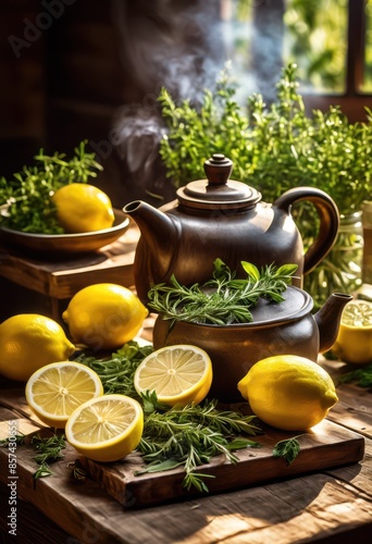 steamy pot tea fresh herbs lemon slices wooden table, herbal, hot, beverage, aromatic, drink, refreshing, brew, vapor, citrus, leaves, condensation, organic, natural