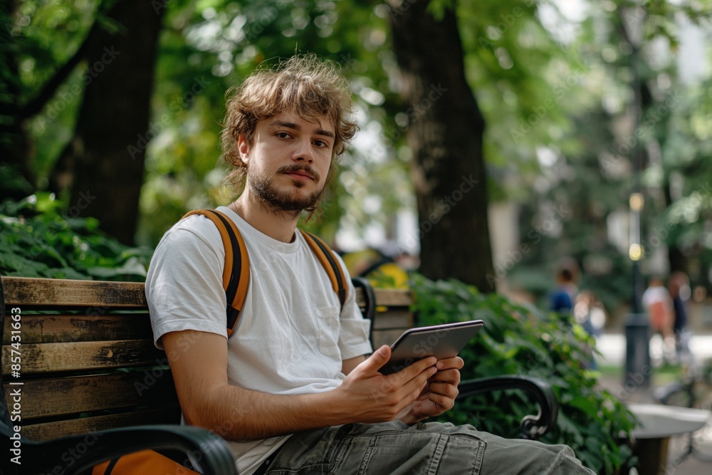 Obraz premium A young man sitting on a bench with a tablet. City park with green spaces. Concept: digital nomad, remote work, work and life balance, freelancing