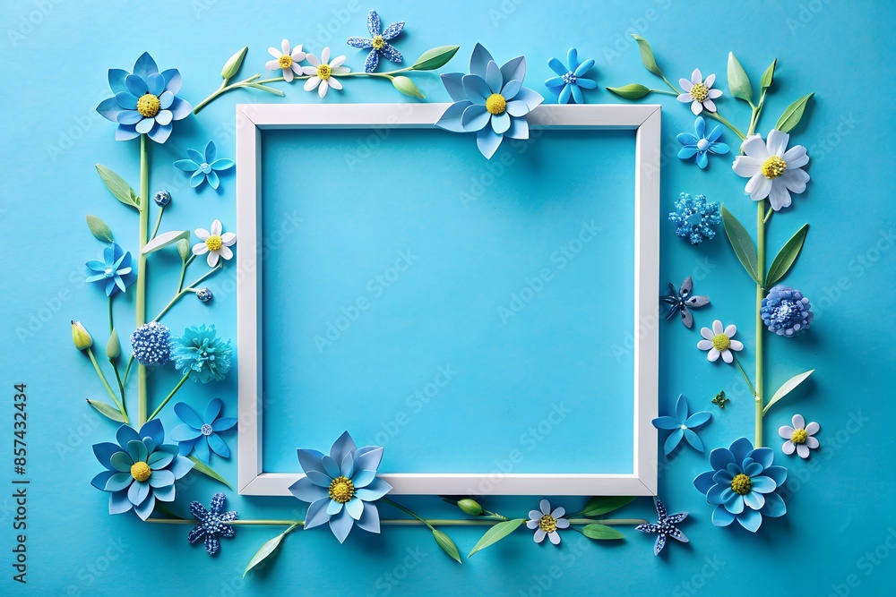 A frame made of blue flowers on a blue background A frame made of blue flowers on a blue background