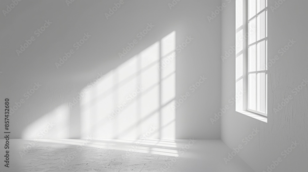 Obraz premium A bright, sunlit room with a large window casting a shadow on the white wall and floor.