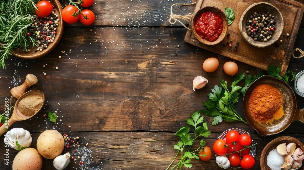 Rustic Cooking Ingredients on Wooden Table Rustic Cooking Ingredients on Wooden Table