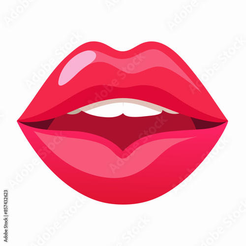 A close up of a womans mouth showing red lips and white teeth