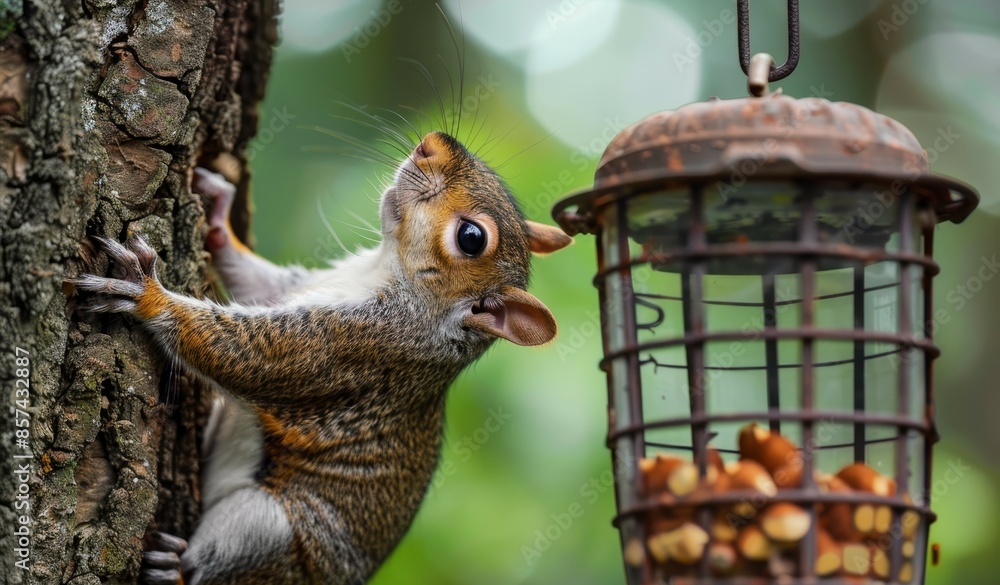 Squirrel upside down on tree eyeing bird feeder Squirrel upside down on tree eyeing bird feeder