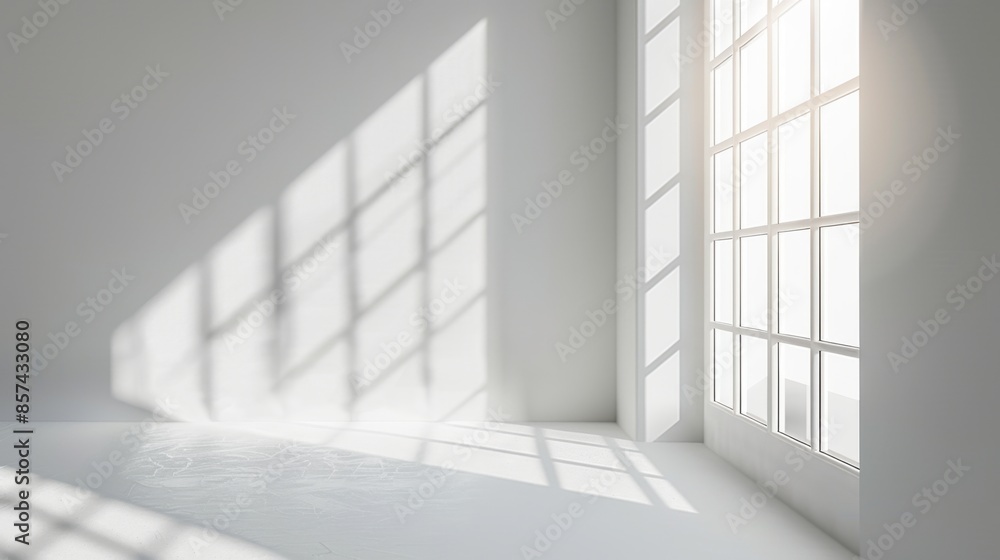 A bright, sunlit room with a large window casting shadows on the white walls and floor. A bright, sunlit room with a large window casting shadows on the white walls and floor.