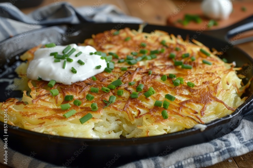 Potato pancakes with sour cream and chives in iron pan Potato pancakes with sour cream and chives in iron pan