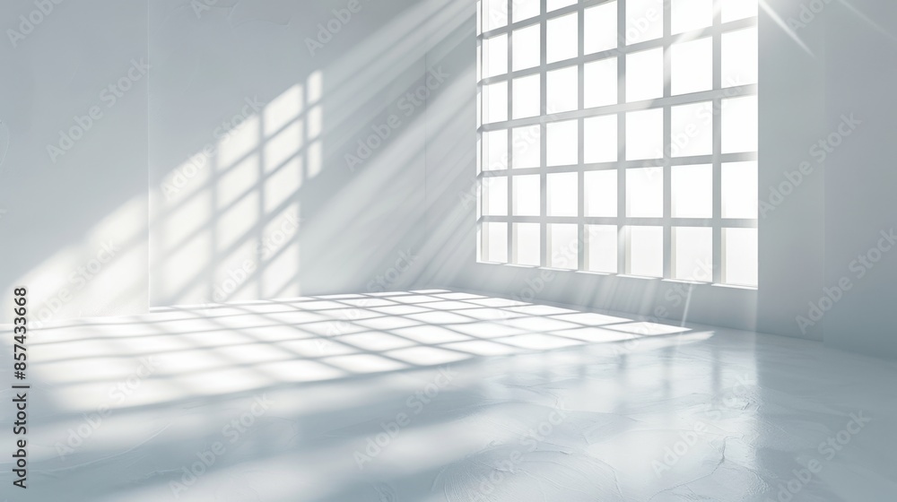 A bright, white room with a large window, the sunlight streams through the window, casting shadows on the floor. A bright, white room with a large window, the sunlight streams through the window, casting shadows on the floor.
