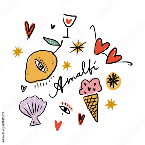 Amalfi coast doodle lemon, ice-cream, sunglasses hearts, seashell, wine glass and more vector art, Italian summer vector artwork for t-shirt, graphic typography, retro vintage summer doodles lettering