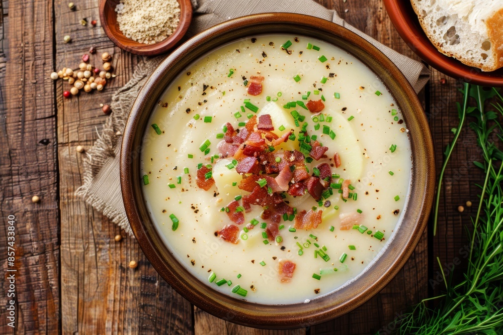 Potato soup with bacon on wooden surface Potato soup with bacon on wooden surface