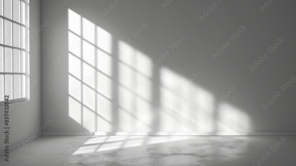 A ray of sunlight streams through a window in an otherwise empty room, casting patterned shadows on the wall and floor. A ray of sunlight streams through a window in an otherwise empty room, casting patterned shadows on the wall and floor.