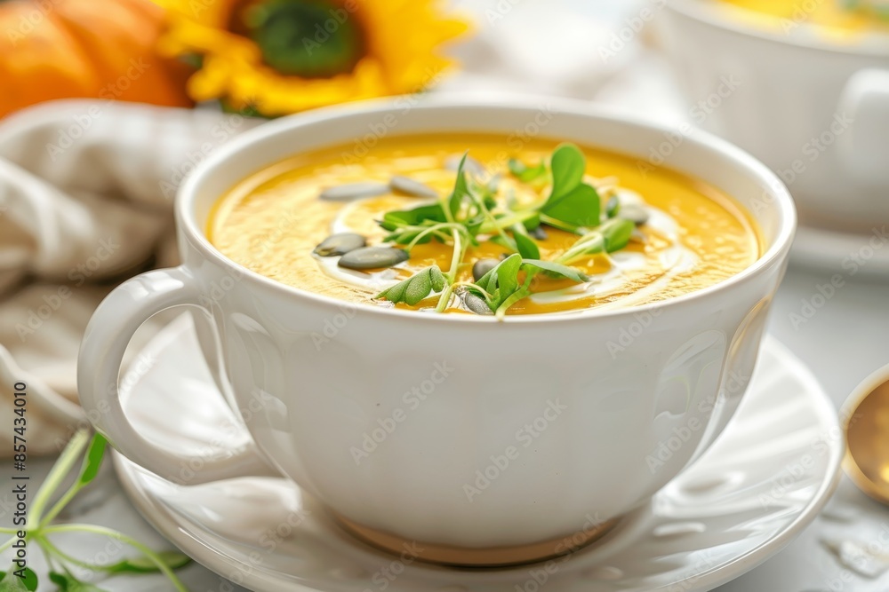 Pumpkin cream soup in white cup with sunflower microgreen front view Pumpkin cream soup in white cup with sunflower microgreen front view