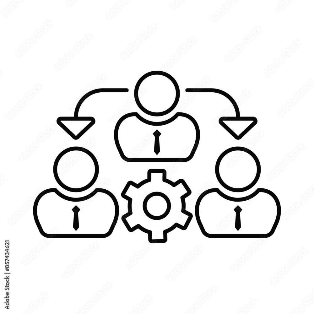 Management outline icon. 3 male figures with arrows and cog wheel. People discussion feedback icon line vector design illustration template in trendy style Management outline icon. 3 male figures with arrows and cog wheel. People discussion feedback icon line vector design illustration template in trendy style