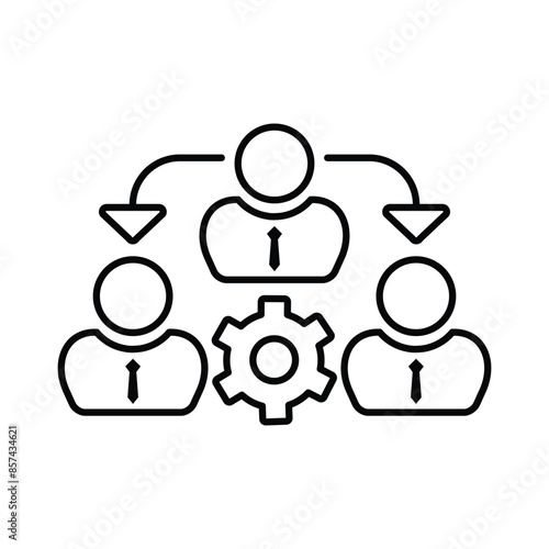 Management outline icon. 3 male figures with arrows and cog wheel. People discussion feedback icon line vector design illustration template in trendy style