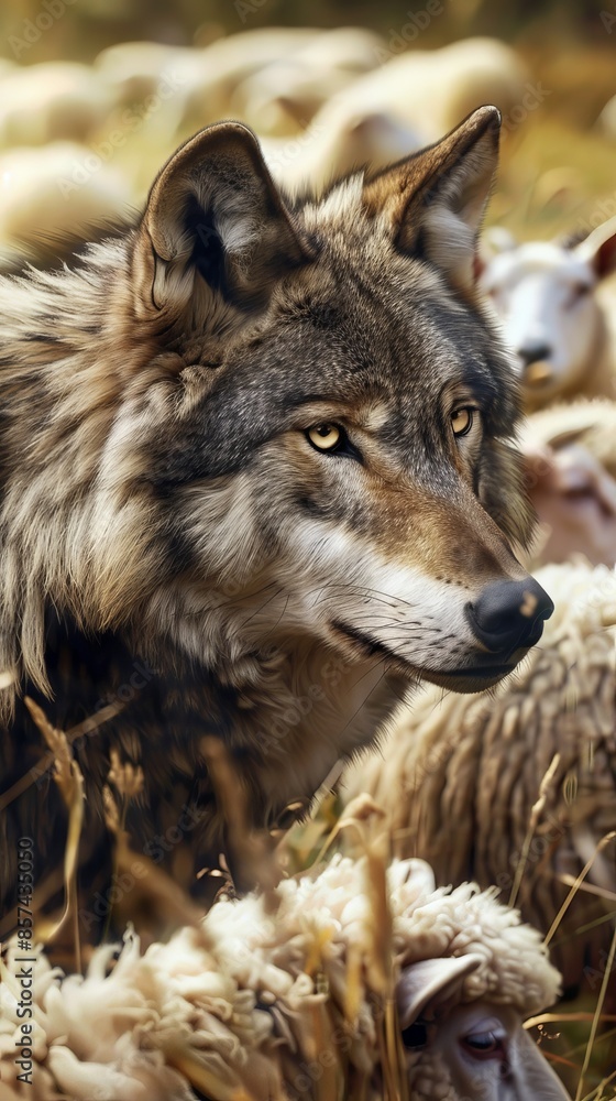 Fototapeta premium Wolf among flock of sheep in meadow, wildlife and predator concept