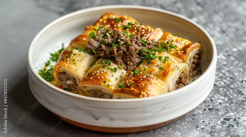 Close up of a plate with four rolled flatbread filled with ground beef and topped with yogurt Close up of a plate with four rolled flatbread filled with ground beef and topped with yogurt