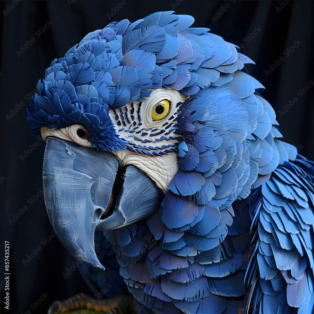 Fototapeta premium Image of a blue macaw with yellow eyes,white face on a black background