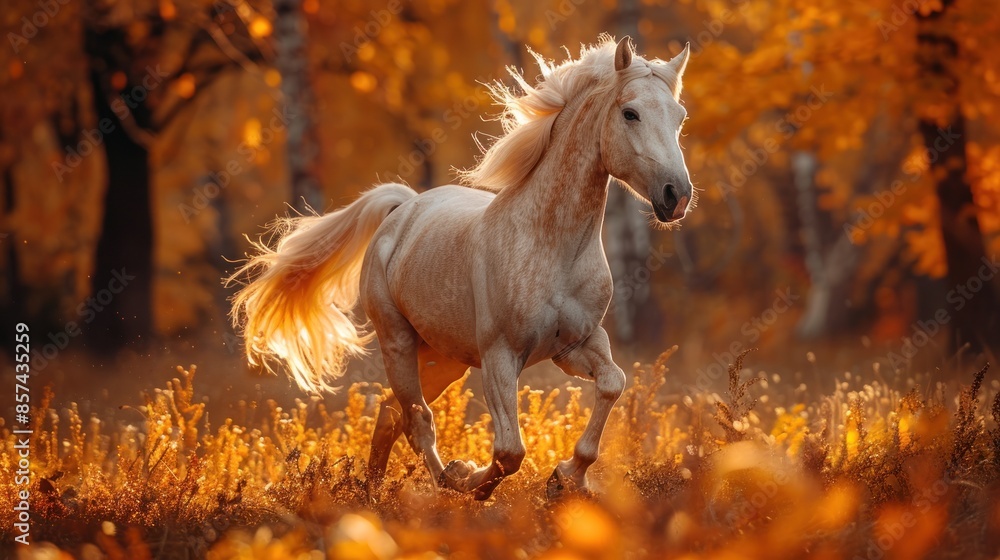 White Horse Running Through Autumn Forest White Horse Running Through Autumn Forest