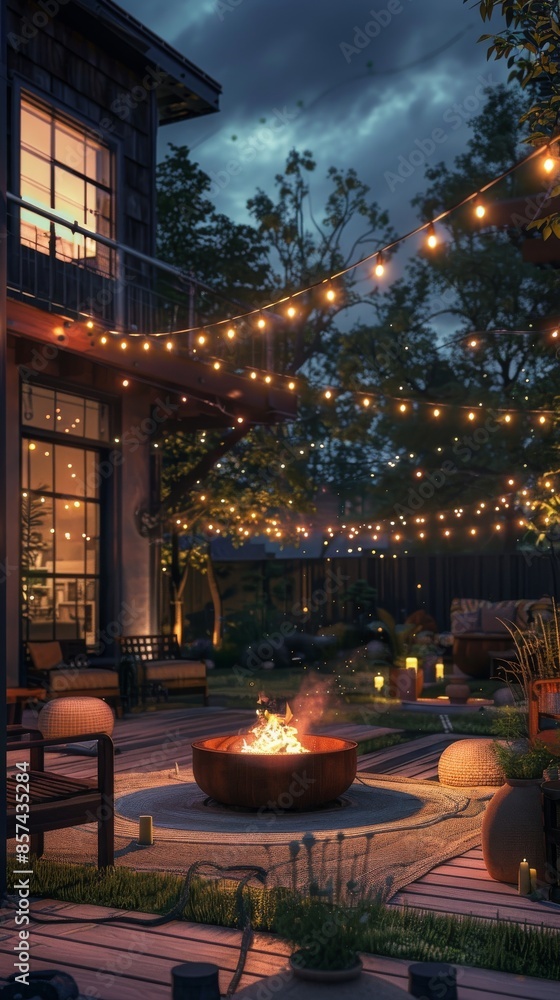 Fototapeta premium Cozy outdoor patio with fire pit and string lights at dusk, tranquil backyard retreat concept
