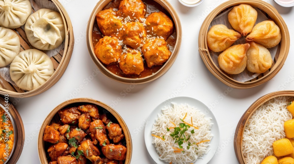 A spread of Chinese food including dumplings, steamed buns, rice, and stir-fried chicken. A spread of Chinese food including dumplings, steamed buns, rice, and stir-fried chicken.