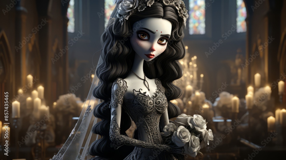 Gothic bride, a 3D cartoon character. a woman in a dress with black lace with a bouquet. Halloween concept. cute horrors. Gothic bride, a 3D cartoon character. a woman in a dress with black lace with a bouquet. Halloween concept. cute horrors.