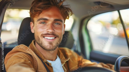 A bearded man with a bright smile is seated inside his car, with one hand on the steering wheel. The sun shines gently through the car windows, illuminating his surroundings.