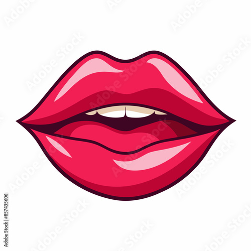 A close up image of a womans lips with red lipstick and white teeth