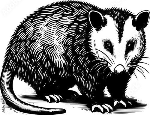 black and white engrave isolated opossum, vector illustration on the white background