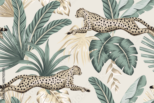Tropical vintage palm leaves, African cheetah, jungle seamless pattern. Safari floral wallpaper.