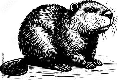 black and white engrave isolated beaver, vector illustration on the white background