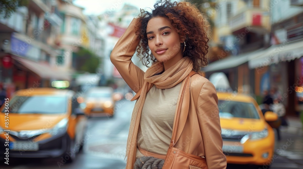 A curly-haired woman poses confidently in an orange coat on a urban street with colorful buildings in the background, showcasing her stylish look and city life. A curly-haired woman poses confidently in an orange coat on a urban street with colorful buildings in the background, showcasing her stylish look and city life.