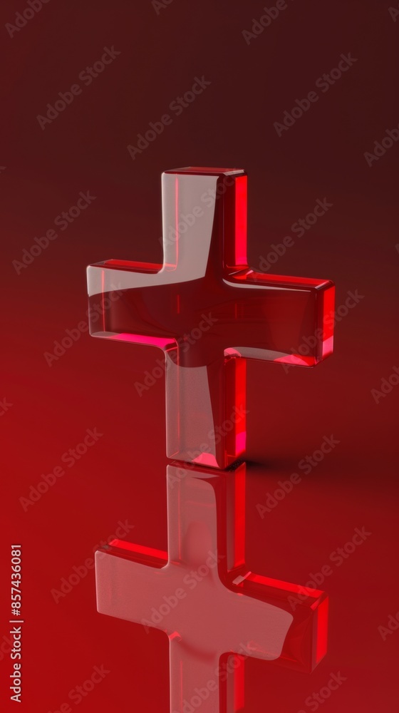 Obraz premium Red glass cross on a reflective red background, minimalistic design concept