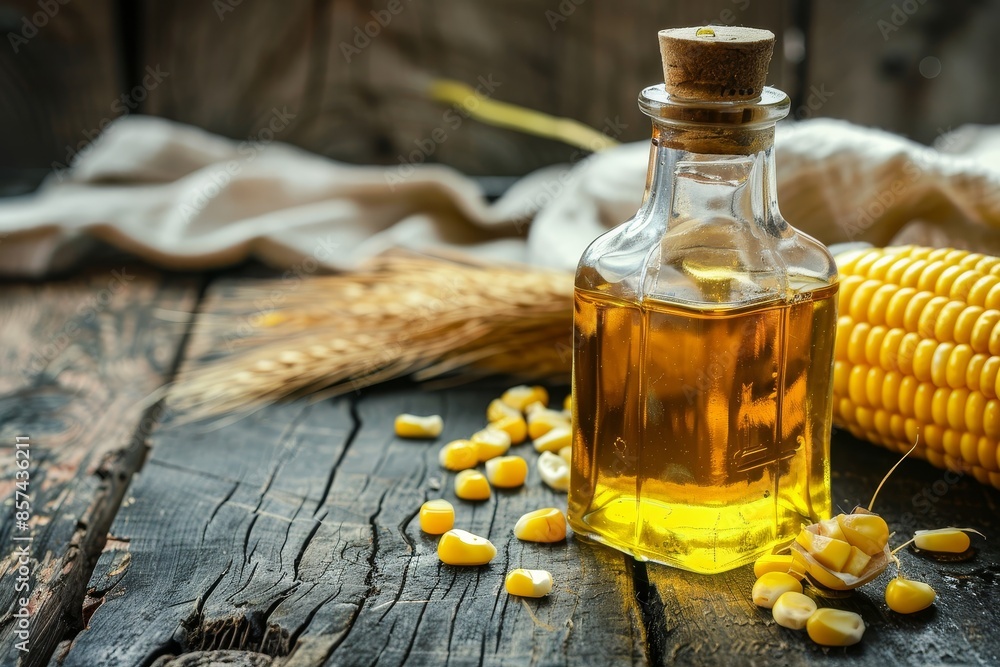 Selective focus on corn oil in bottle on dark wooden background horizontal Selective focus on corn oil in bottle on dark wooden background horizontal