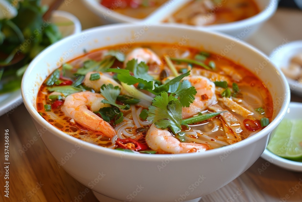 Spicy chicken noodle soup with lemongrass chili paste and lime juice TOM YAM style Spicy chicken noodle soup with lemongrass chili paste and lime juice TOM YAM style