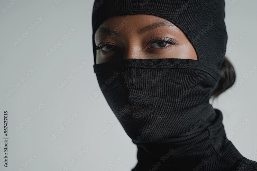 A mysterious woman wearing a black hat and mask, perfect for adding a touch of intrigue to your scene or story A mysterious woman wearing a black hat and mask, perfect for adding a touch of intrigue to your scene or story