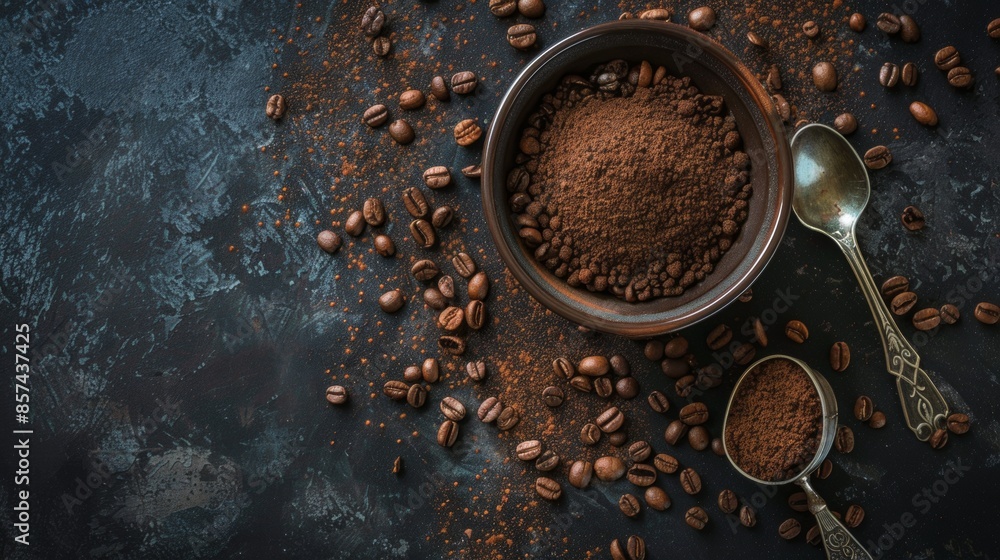 Ground Coffee and Beans on Dark Surface Ground Coffee and Beans on Dark Surface
