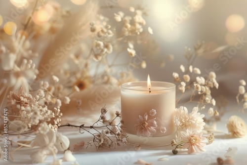 soothing scented candle with delicate floral decorations closeup view in beige tones still life illustration