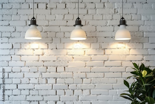 A white brick wall with hanging lights shining down, illuminating the rustic surface. Minimal greenery is visible on the right side, enhancing the visual appeal.