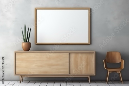 A minimalist wooden cabinet dresser and matching chair against a concrete wall with a potted plant on top. The scene is complemented by an empty wooden frame above the dresser
